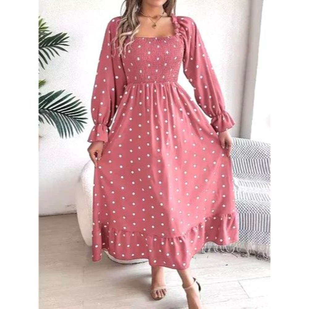 Womens Maxi Dress Large L Mauve Pink Polka Dot Smocked Scoop Neck Long Sleeve